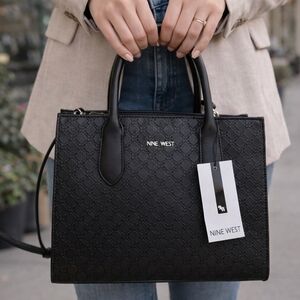 Nine West Black Satchel Handbag Faux Leather Logo Tote Purse Women